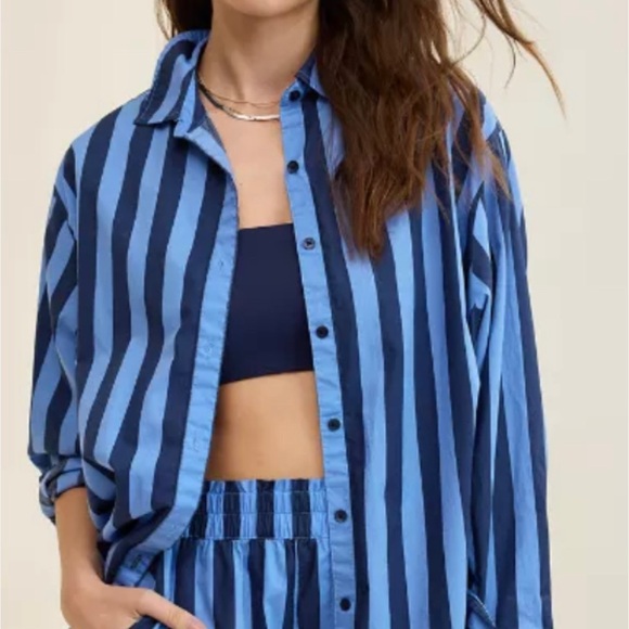 aerie Tops - Striped Blue Button-Up Shirt - Women's Blue Stripe Top